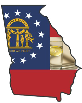 The Georgia state flag and outline with a healthy glass in the white space, Hoover Health