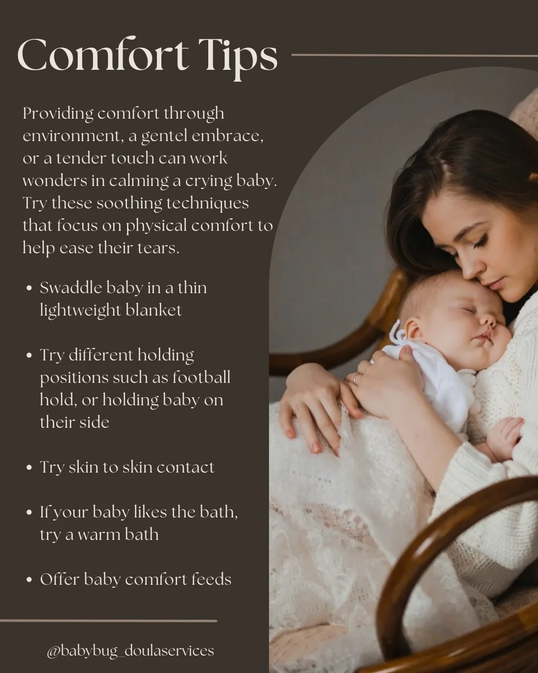 Your baby&rsquo;s tears are communication not a reflection of your ability as a parent. 💛

Sometimes they just need comfort, closeness, and reassurance. These gentle techniques can help calm your little one and bring more ease to your day (and night