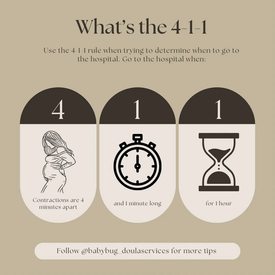 Knowing when to head to the hospital can bring so much peace of mind during early labour.

A simple guideline many families use is the 4-1-1 Rule:

🌀 Contractions every 4 minutes
⏱️ Each lasting 1 full minute
⏳ Continuing for 1 hour

Every body and 