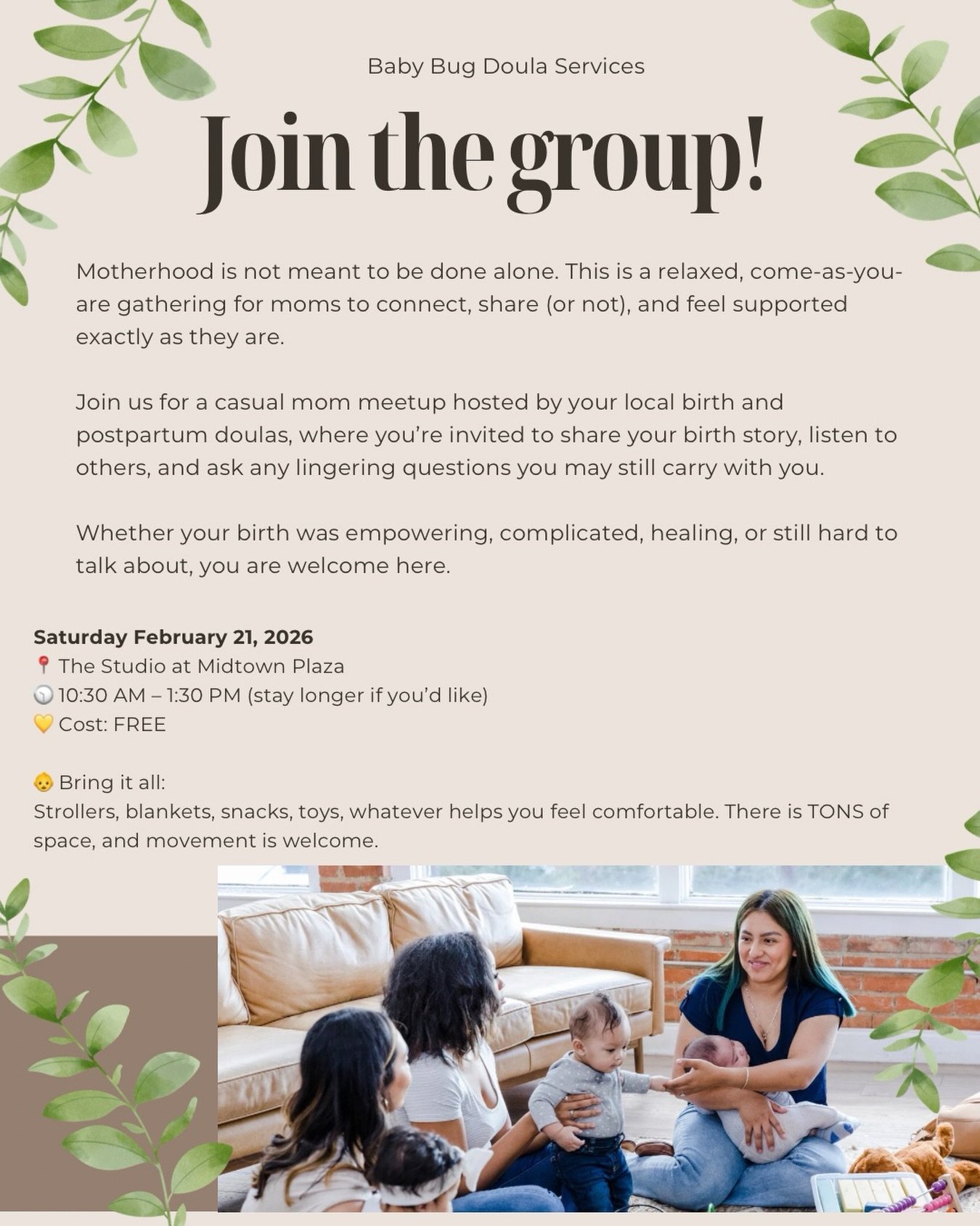 ✨Birth Stories &amp; Mom Support Circle ✨

Motherhood is not meant to be done alone. This is a relaxed, come-as-you-are gathering for moms to connect, share (or not), and feel supported exactly as they are.

Join us for a casual mom meetup hosted by 