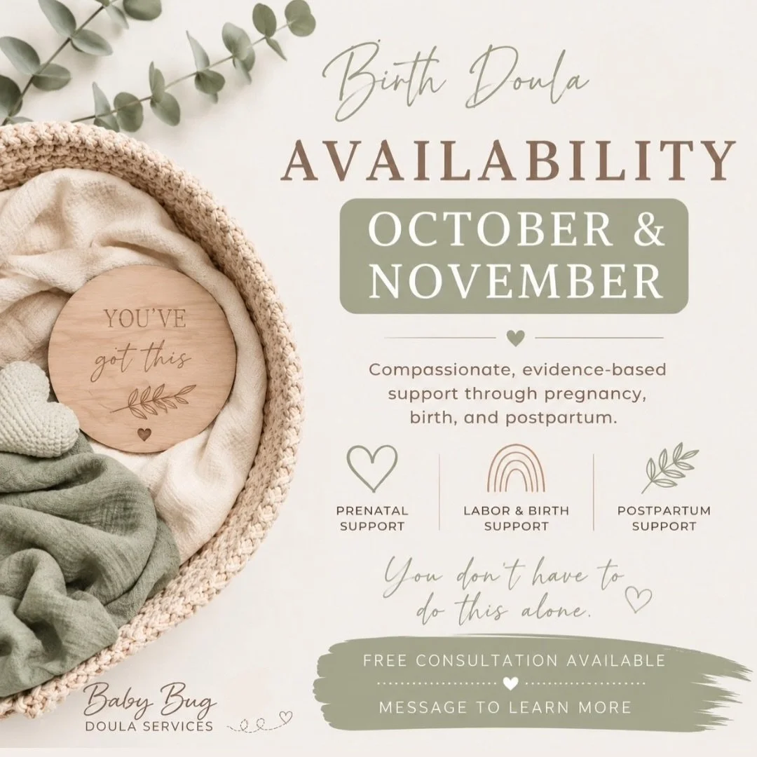 🤍 Birth Doula Availability 🤍

Growing a tiny human is hard work. You don&rsquo;t have to navigate birth alone.

I currently have limited birth doula openings for October, and November due dates and would be honoured to support you through your preg