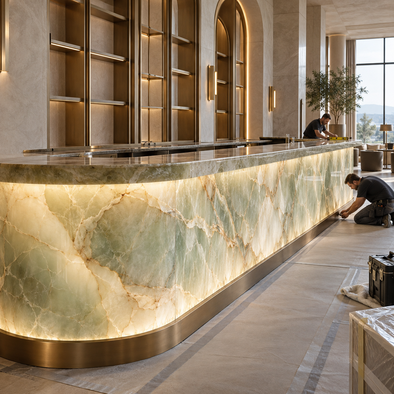 lobby reception bar restaurant hotel backlit onyx stone