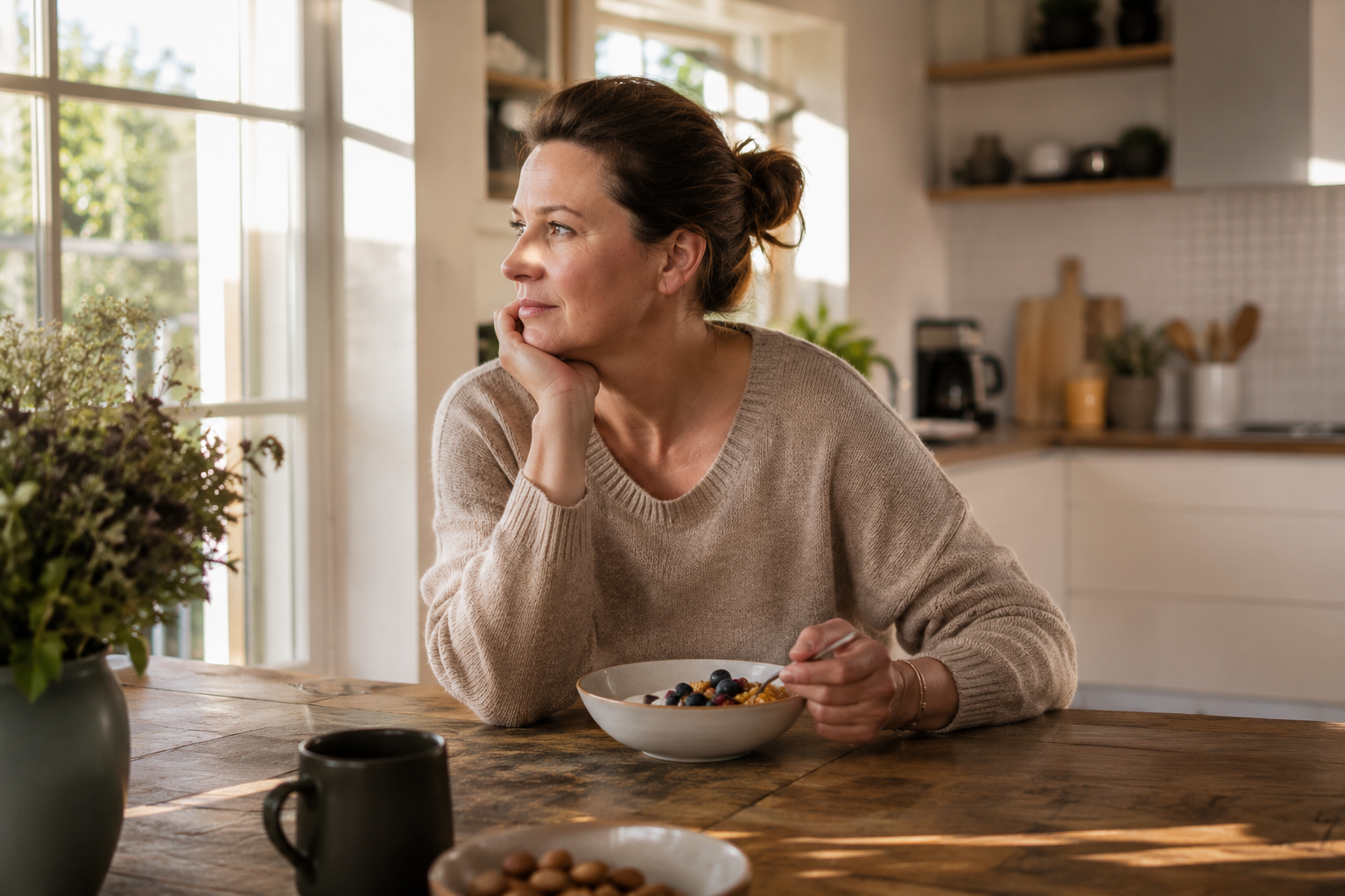 Erschöpfte Frau im Alltag zwischen Familie, Haushalt und Beruf – Ernährung und Gesundheit im echten Leben.