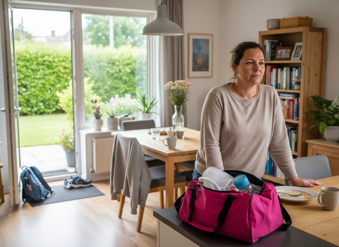 Frau fühlt sich im Alltag zwischen Haushalt, Arbeit und Verantwortung dauerhaft unter Strom.