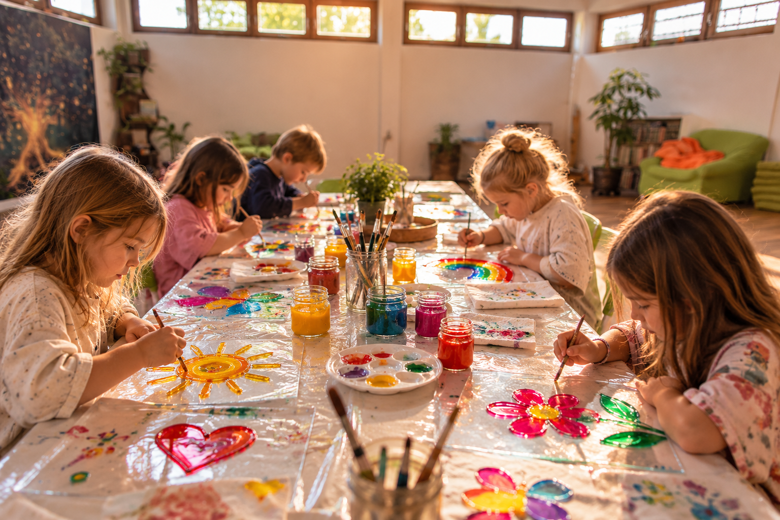 Kinder malen bunte Fensterbilder am Kreativtisch.png