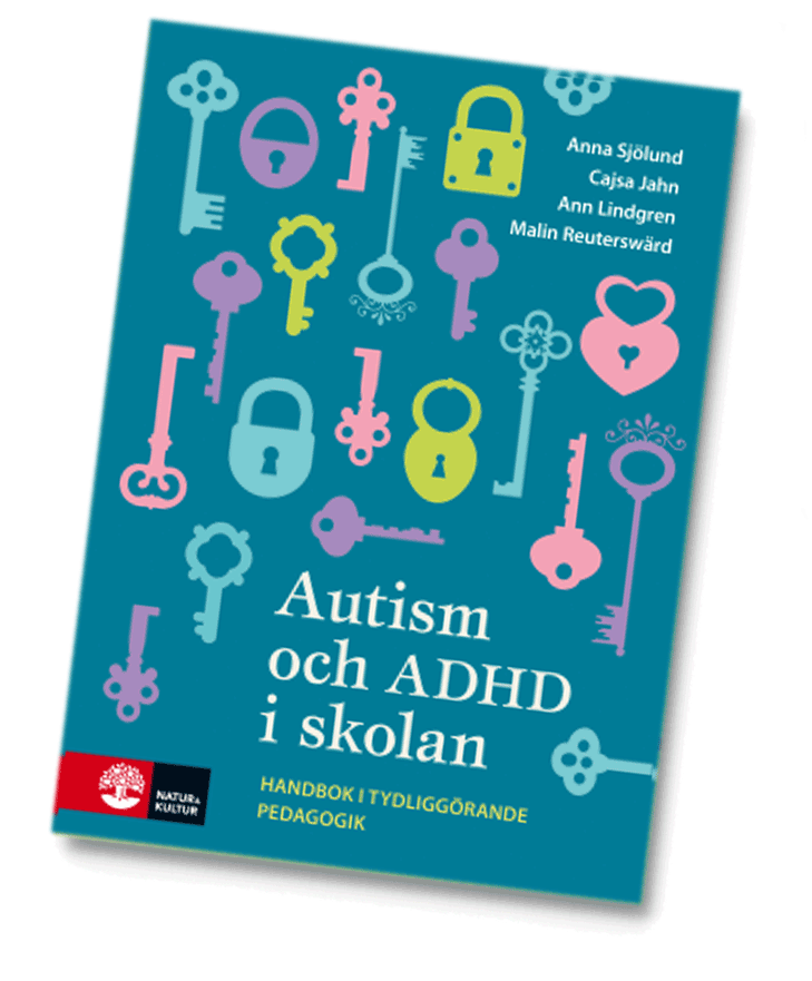 Bokomslag för 'Autism och ADHD i skolan', med illustrationer av färgglada nycklar och lås på en blå bakgrund, författarna Anna Sjölund, Caisa Jahn, Ann Lindgren och Malin Reuterswärd.