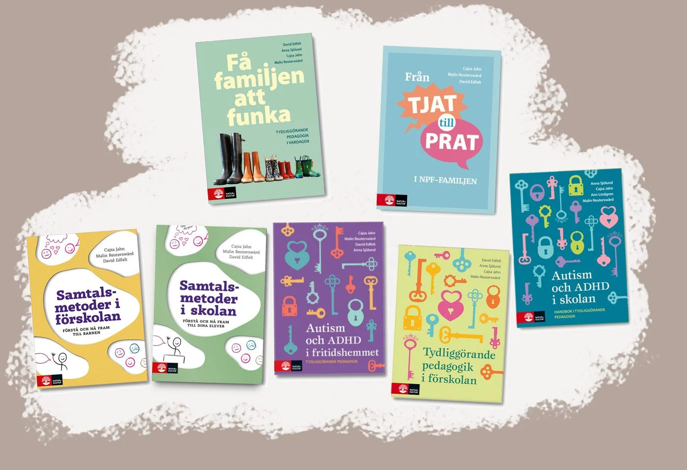 Sjuan böcker om pedagogik, autism, ADHD, samtalsmetoder i förskolan, och NPFF-familjen, med olika färgglada omslag. Ett par av böckerna har illustrationer av nycklar och pratbubblor, och ett annat har stövlar på omslaget.