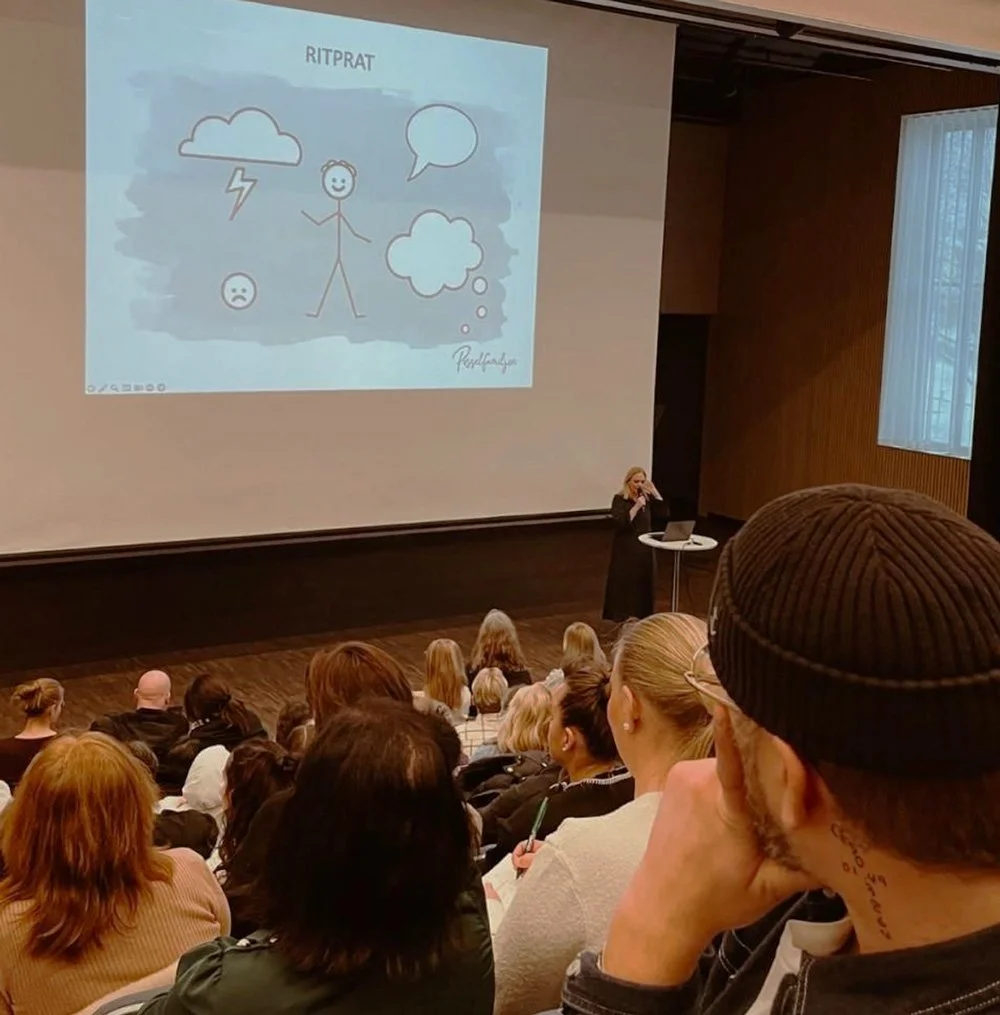 En kvinna ger en presentation inför en publik i en auditorium. En skärm bakom henne visar en illustration med en glad man och flera moln, samt texten 'RITPRAT'.