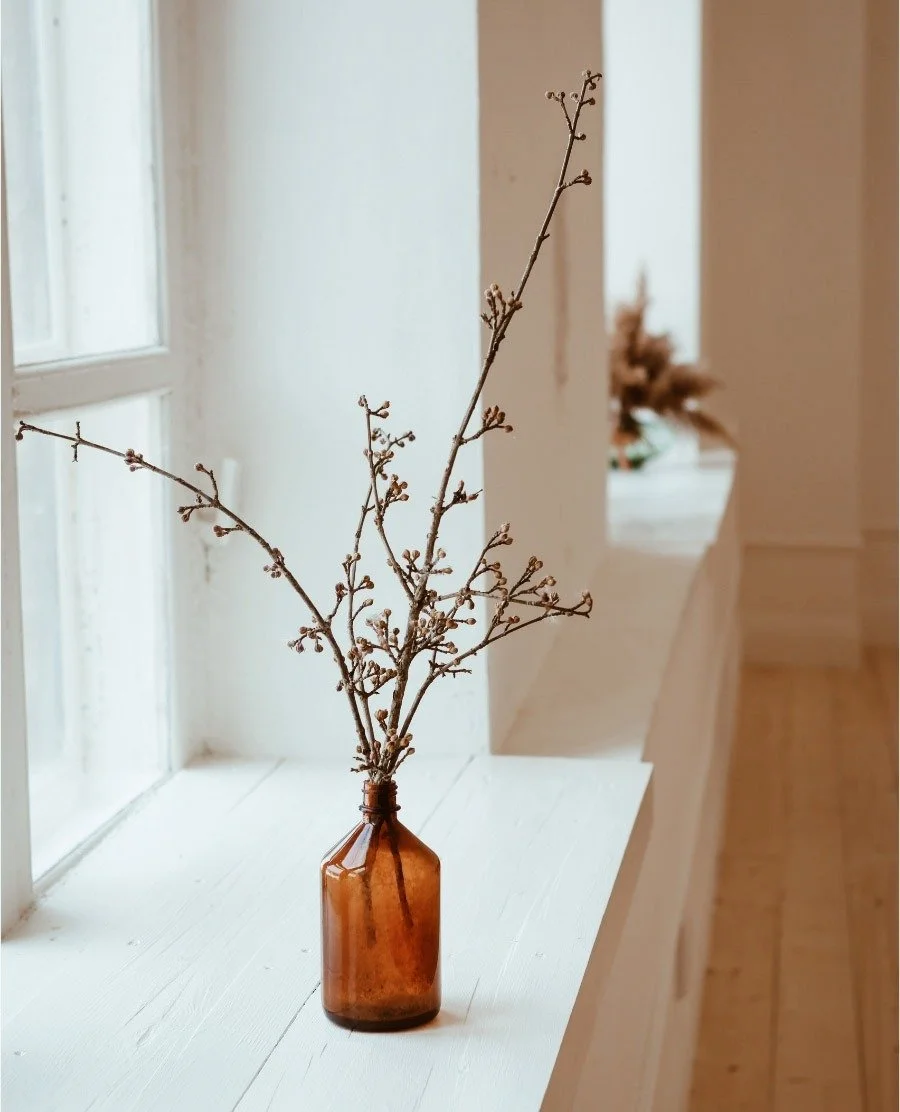 En brunt glasruta med en kvist med små knoppar står på ett vitt fönsterbräde