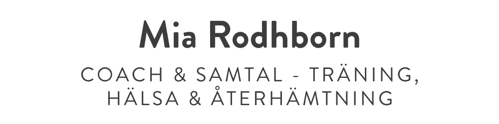 Visitingkort för Mia Rodhborn med text om coachning, samtal, träning, hälsa och återhämtning.