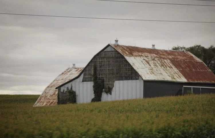 Old barn with rusted roof in a field