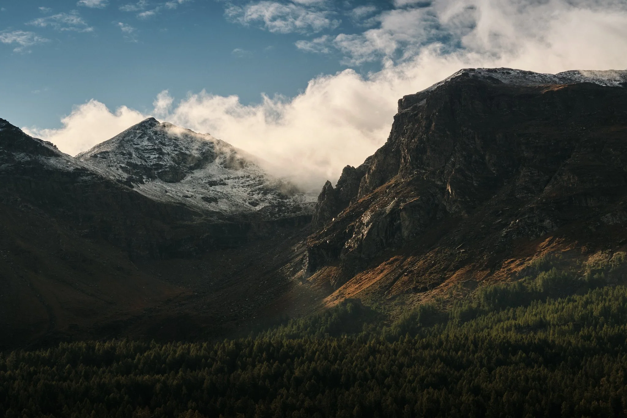 Berglandschaft mit schneebedeckten Gipfeln und einem dichten Wald am Fuß der Berge. Johannes Rapprich