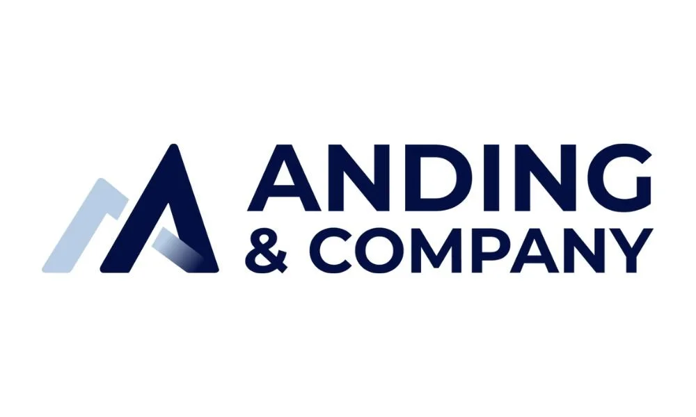 Abstraktes Logo mit weißen und grauen Linien auf dunkelblauem Hintergrund