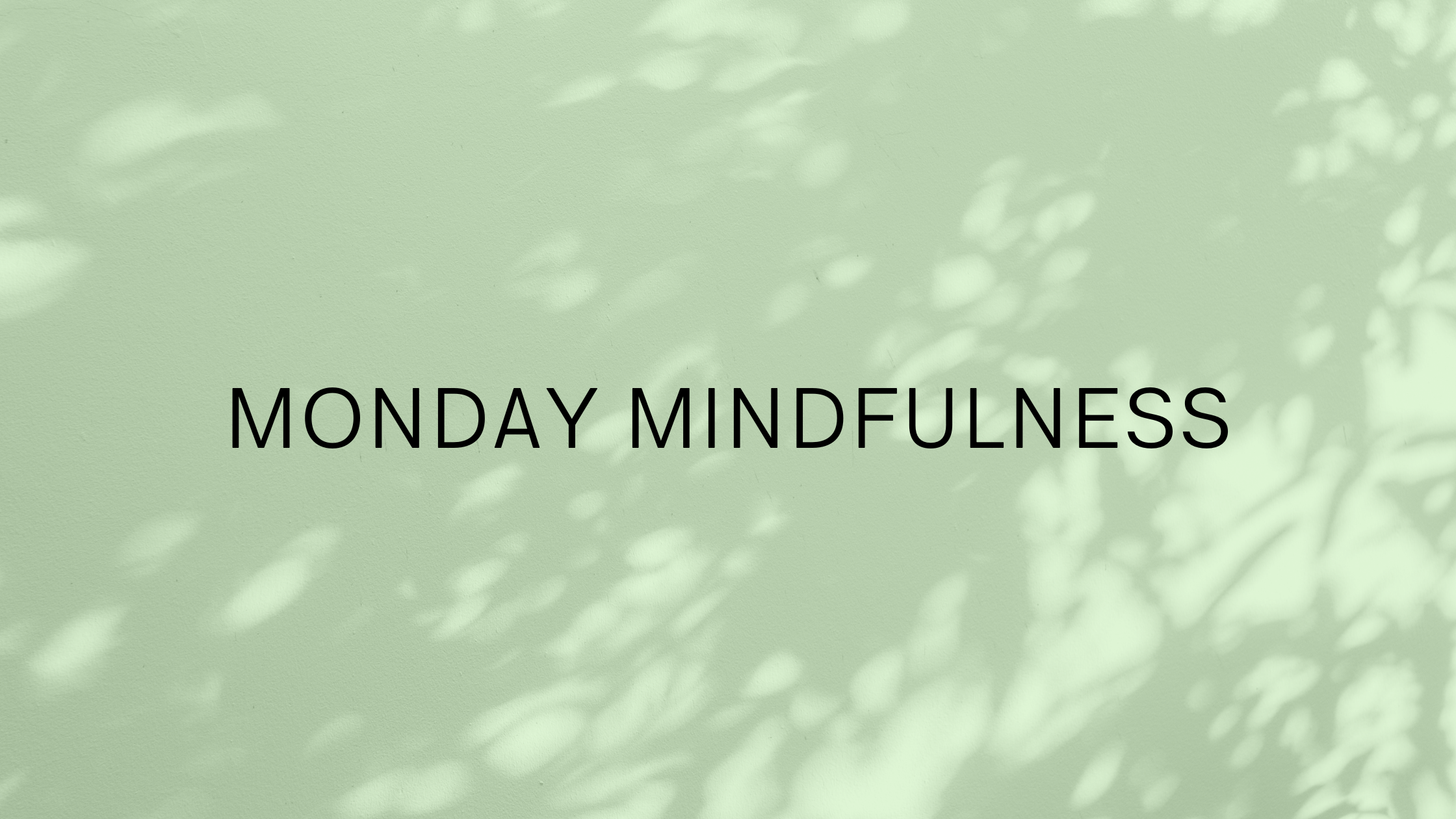 Text on a soft green background reading 'Monday Mindfulness' with shadows of leaves.