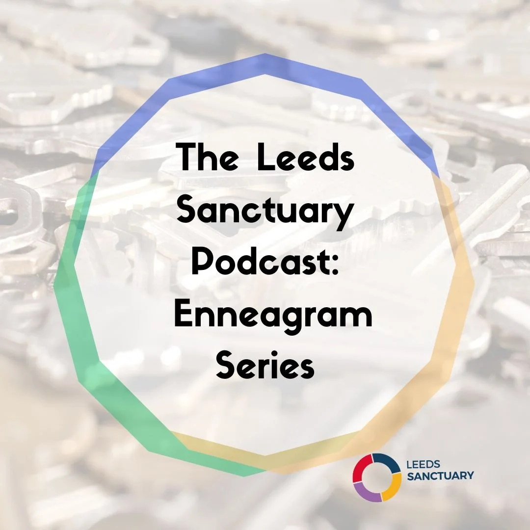 A podcast cover for The Leeds Sanctuary Podcast: Enneagram Series, with a blurred background of keys, and a colorful circular logo at the bottom right corner.