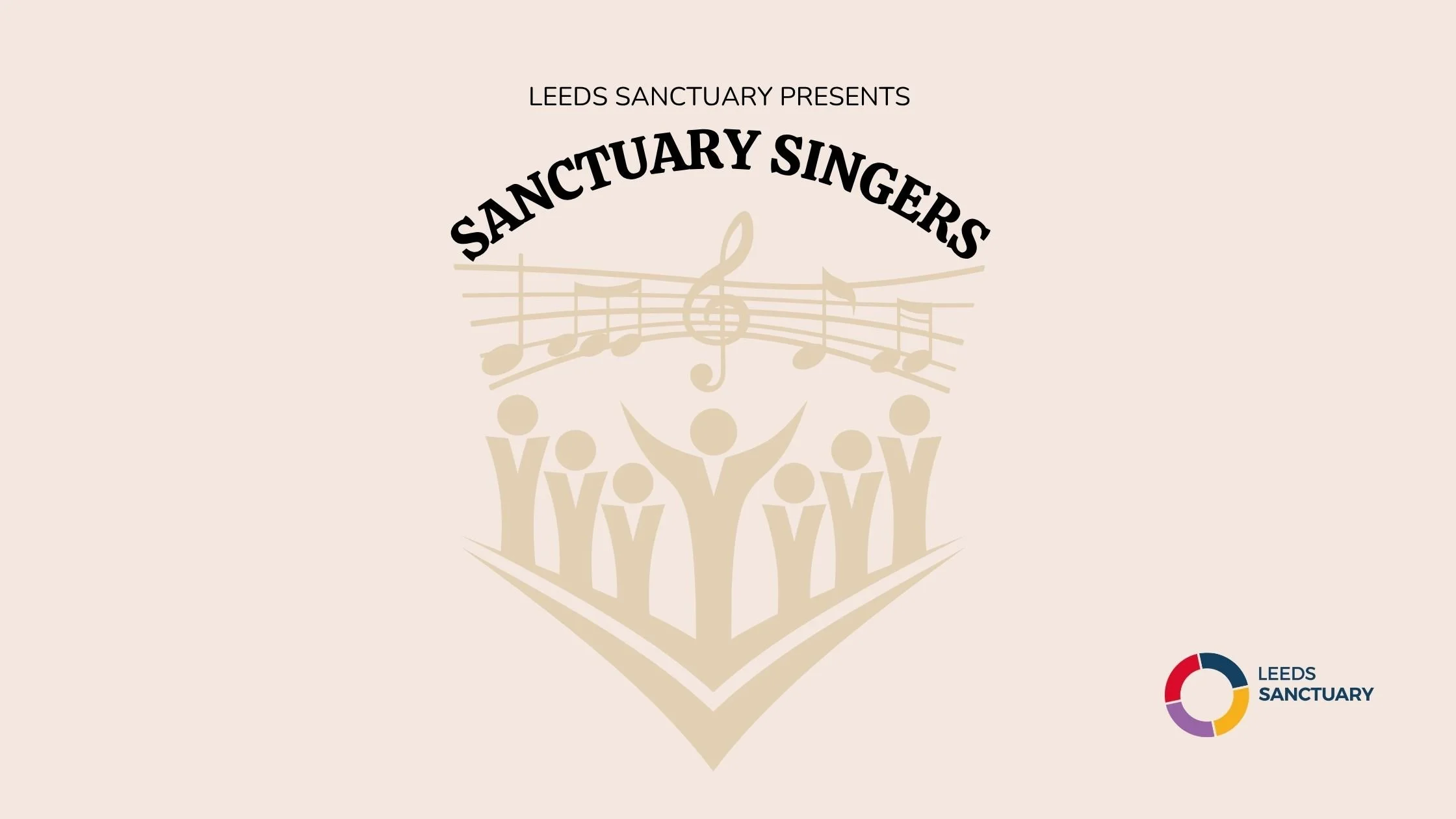 Logo of Leeds Sanctuary featuring stylized people and musical notes on a beige background, with a colorful circular emblem and the text 'LEEDS SANCTUARY' in the bottom right corner.