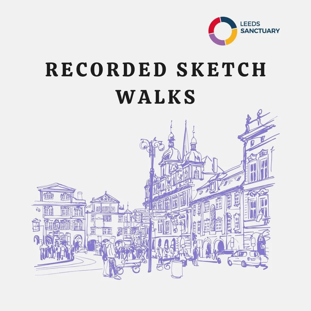 Cover page for Leeds Sanctuary featuring a hand-drawn sketch of a city street with historic buildings, people, and cars.
