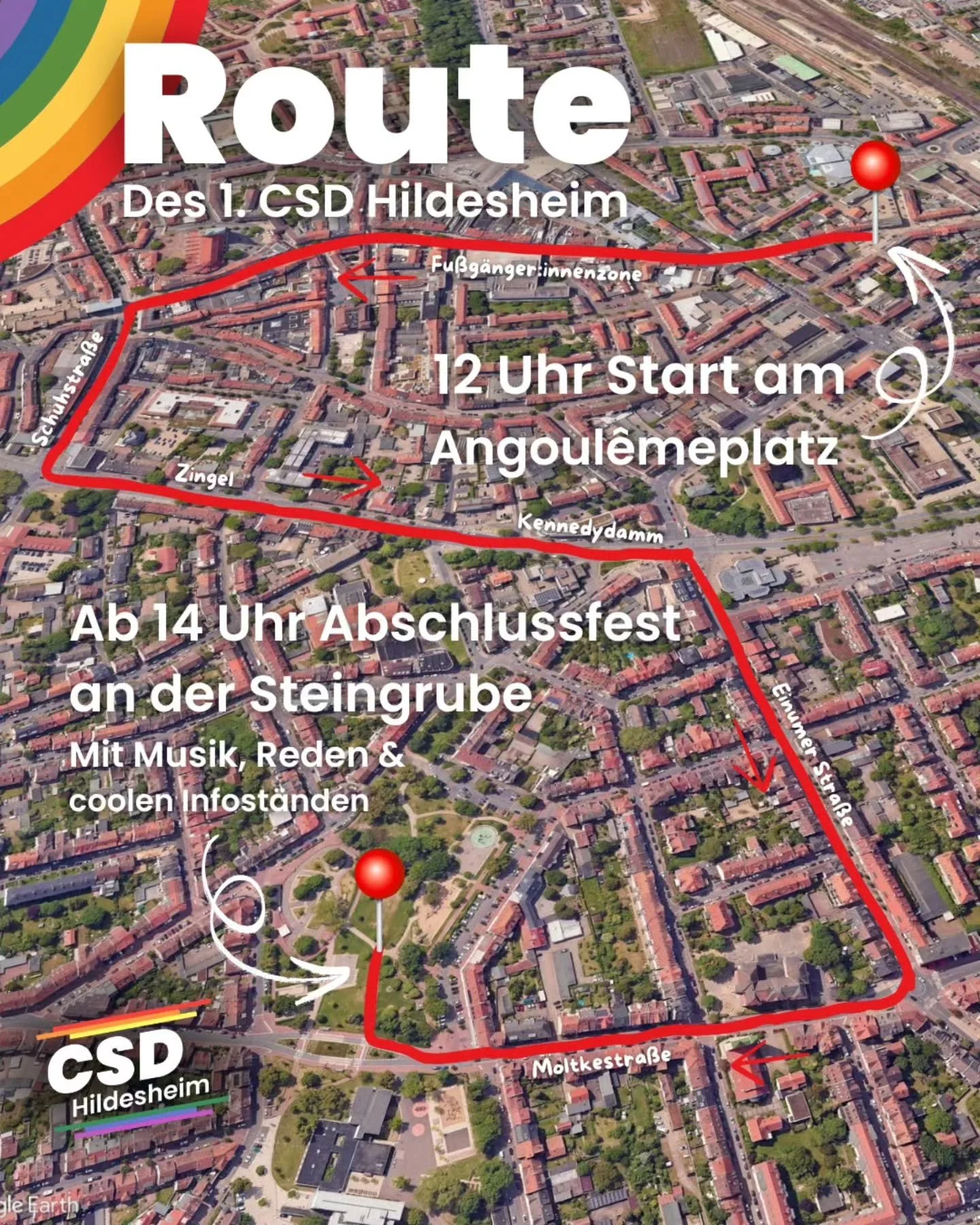 📍 Die Route steht!
N&auml;chsten Samstag, am 21. Juni starten wir um 12 Uhr am Angoul&ecirc;meplatz &ndash; von dort ziehen wir gemeinsam durch die Innenstadt von Hildesheim:
Fu&szlig;g&auml;nger:innenzone &rarr; Schuhstra&szlig;e &rarr; Zingel &rar