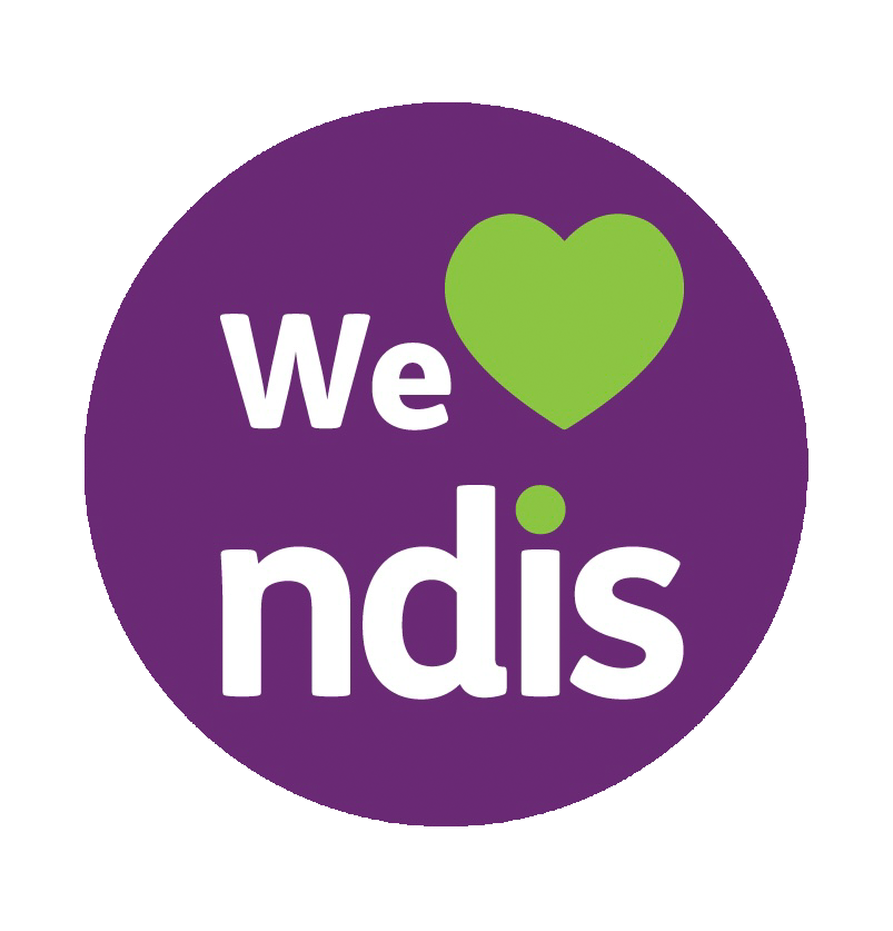Purple circle with the text "We ❤️ ndis" with a green heart symbol. NDIS LOGO