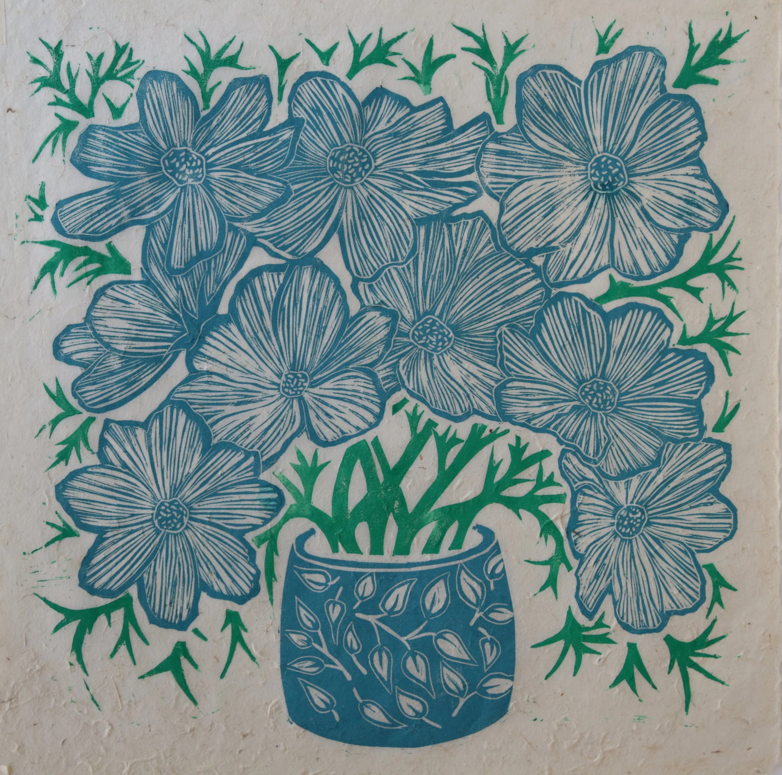 Hand carved fine art lino print cosmos plant pot