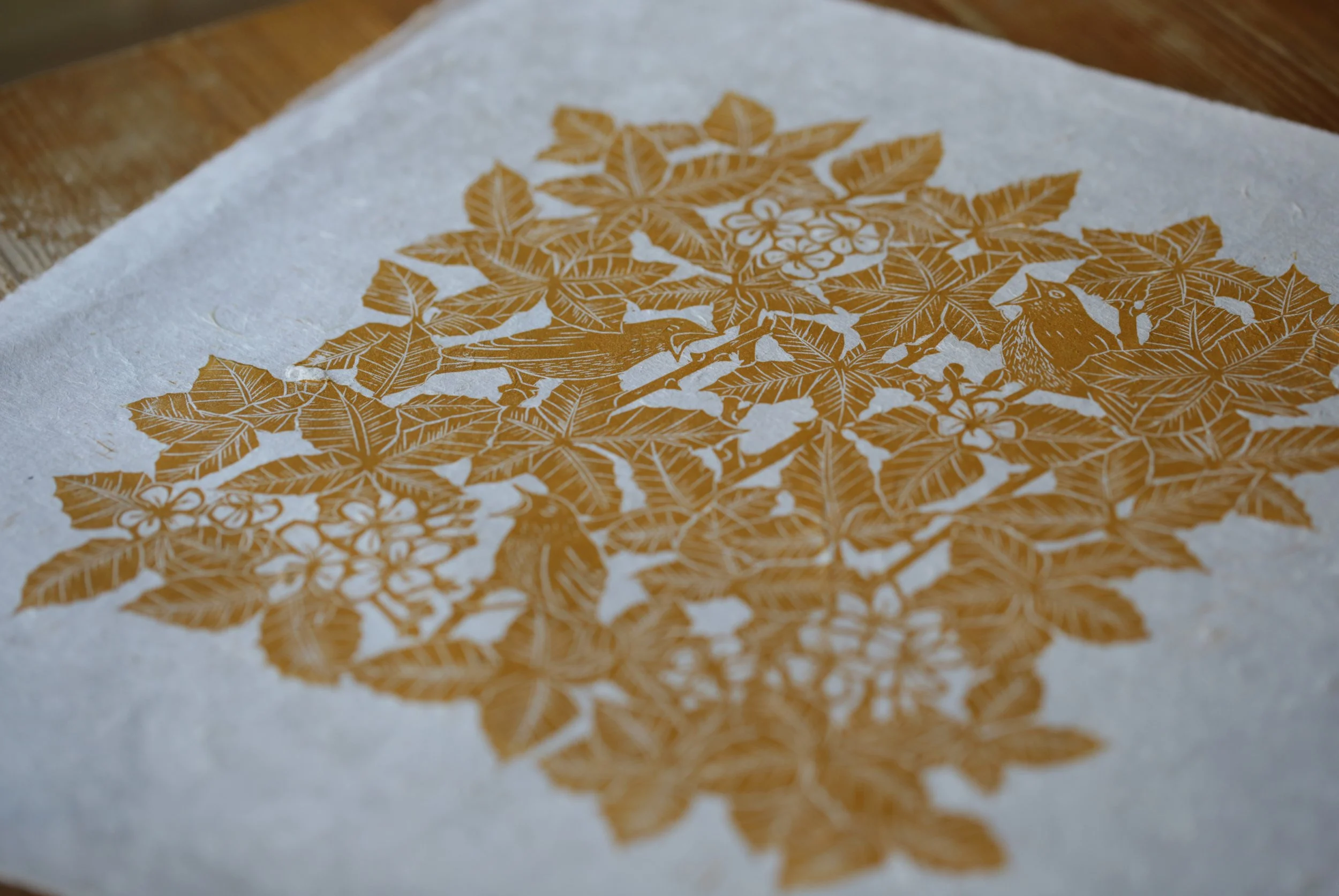 Hand carved fine art lino print nightingale birds