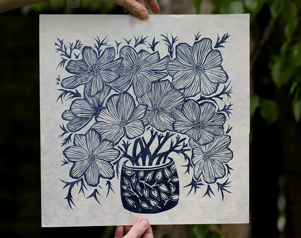 Hand carved fine art lino print cosmos plant pot