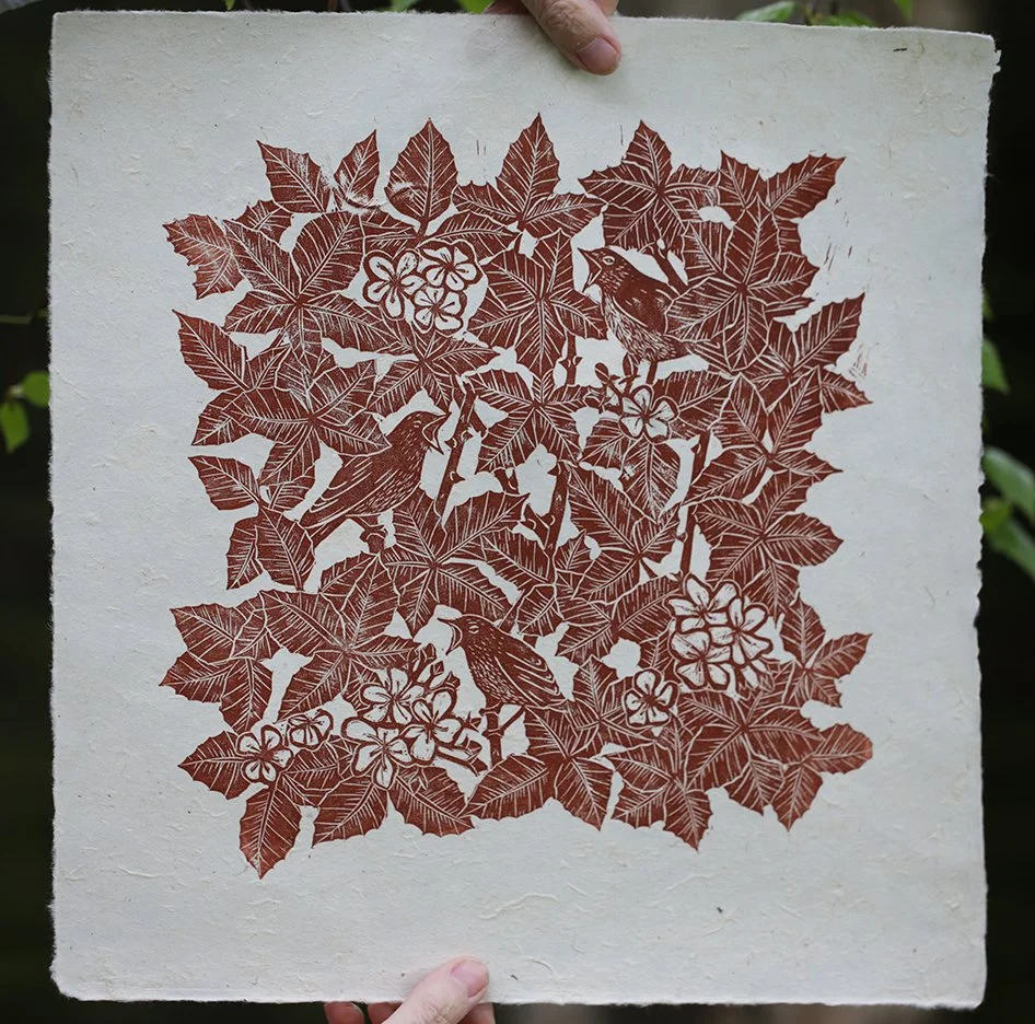 Hand carved fine art lino print nightingale birds