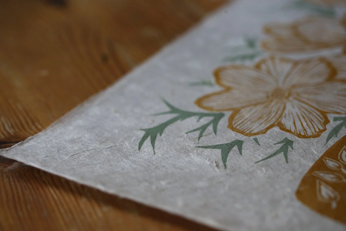 Hand carved fine art lino print cosmos plant pot