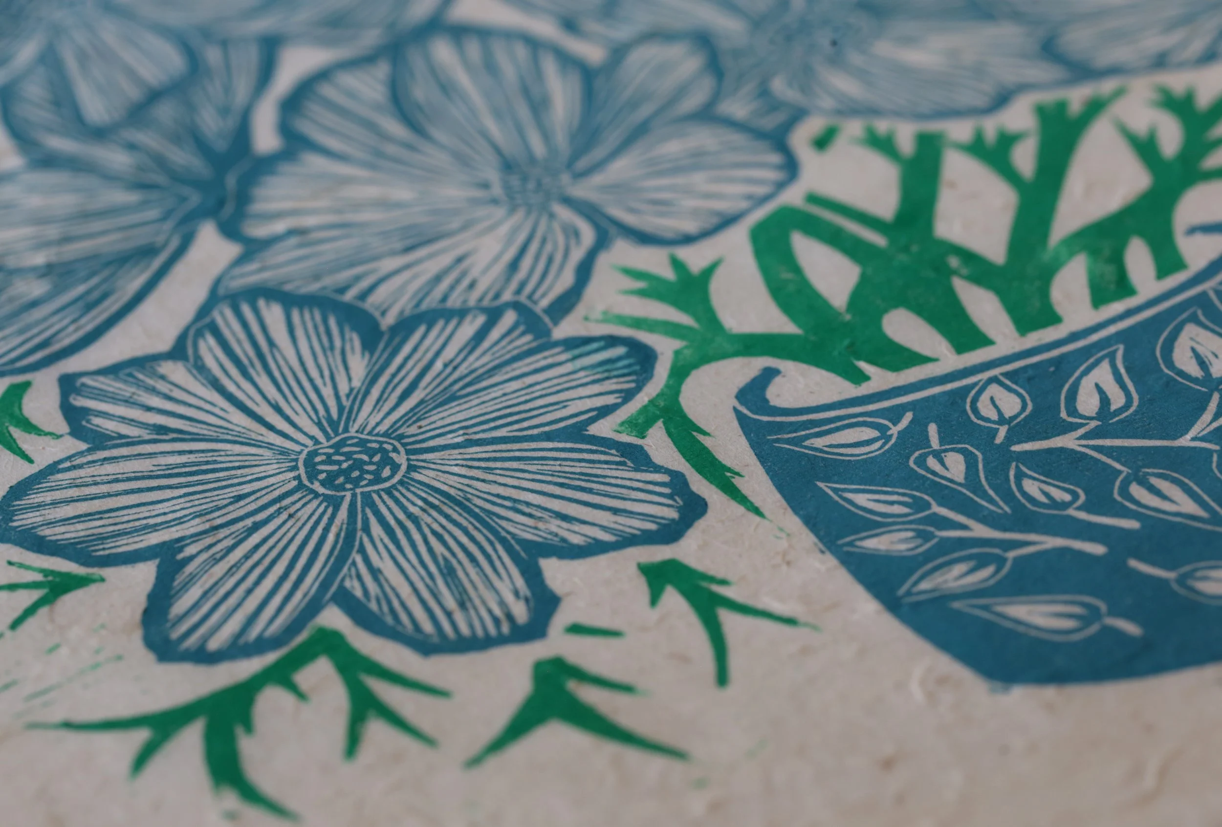 Hand carved fine art lino print cosmos plant pot