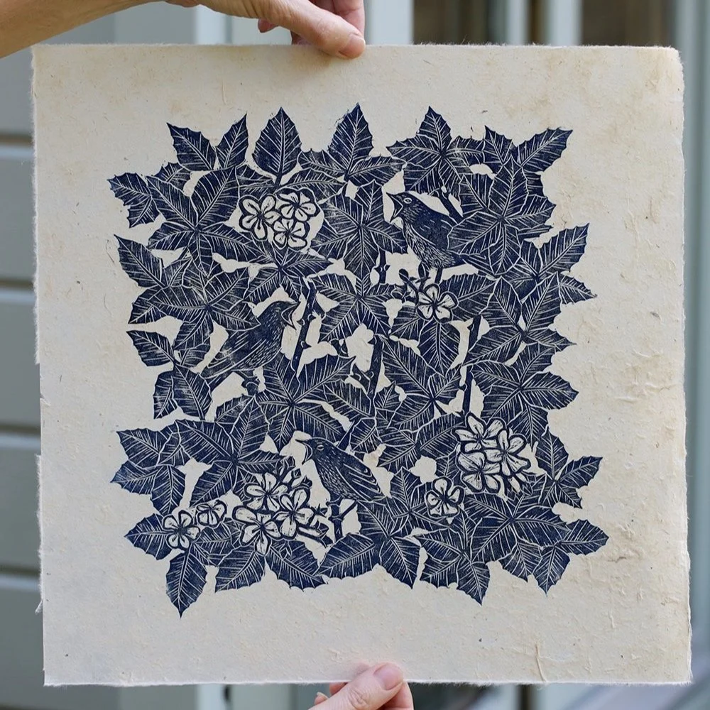 Hand carved fine art lino print nightingale birds