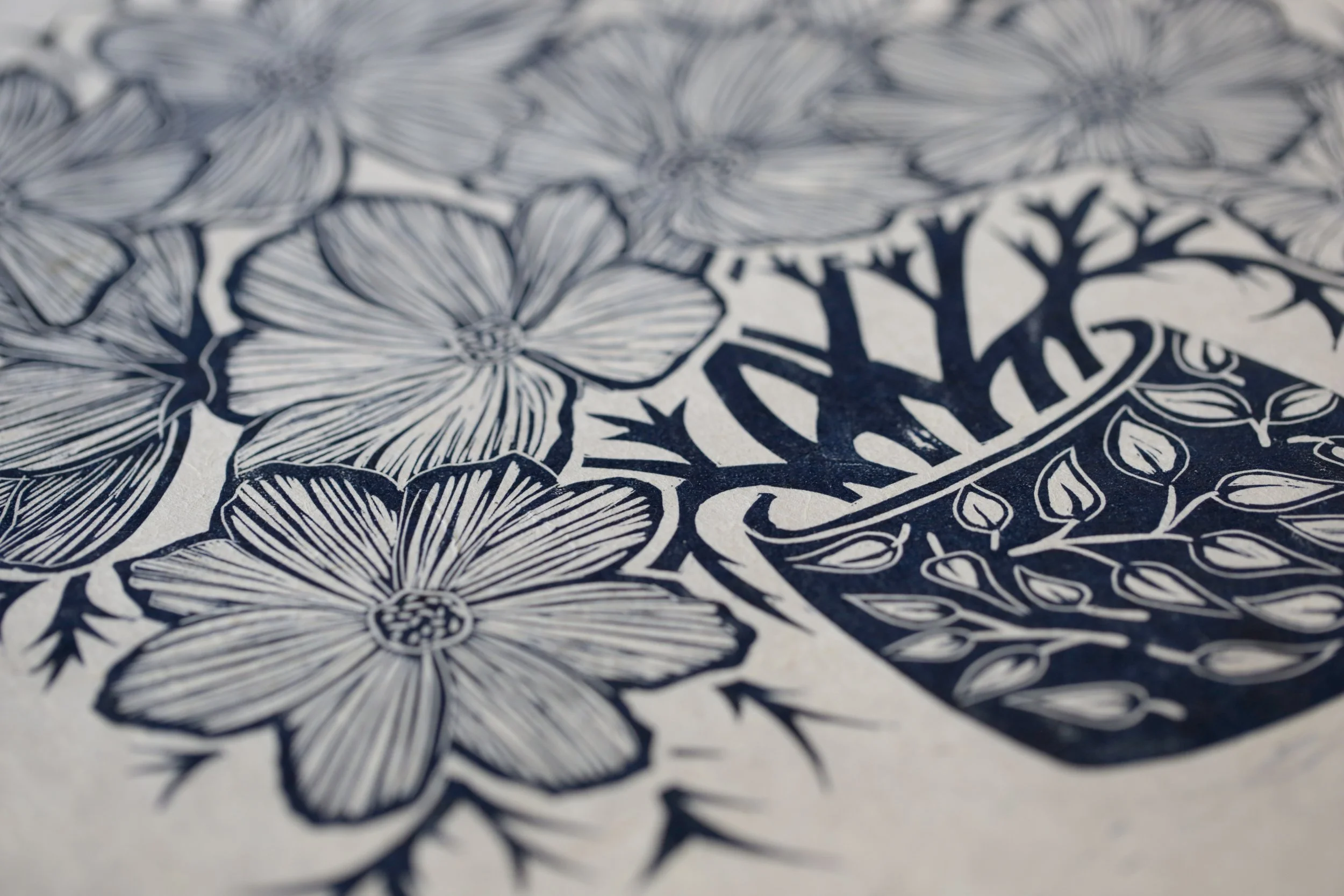Hand carved fine art lino print cosmos plant pot
