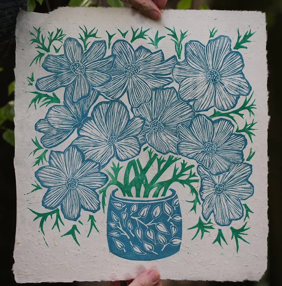 Hand carved fine art lino print cosmos plant pot