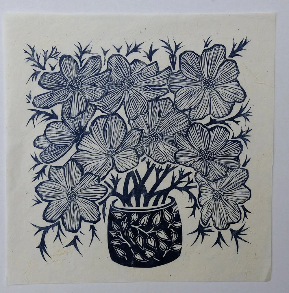 Hand carved fine art lino print cosmos plant pot