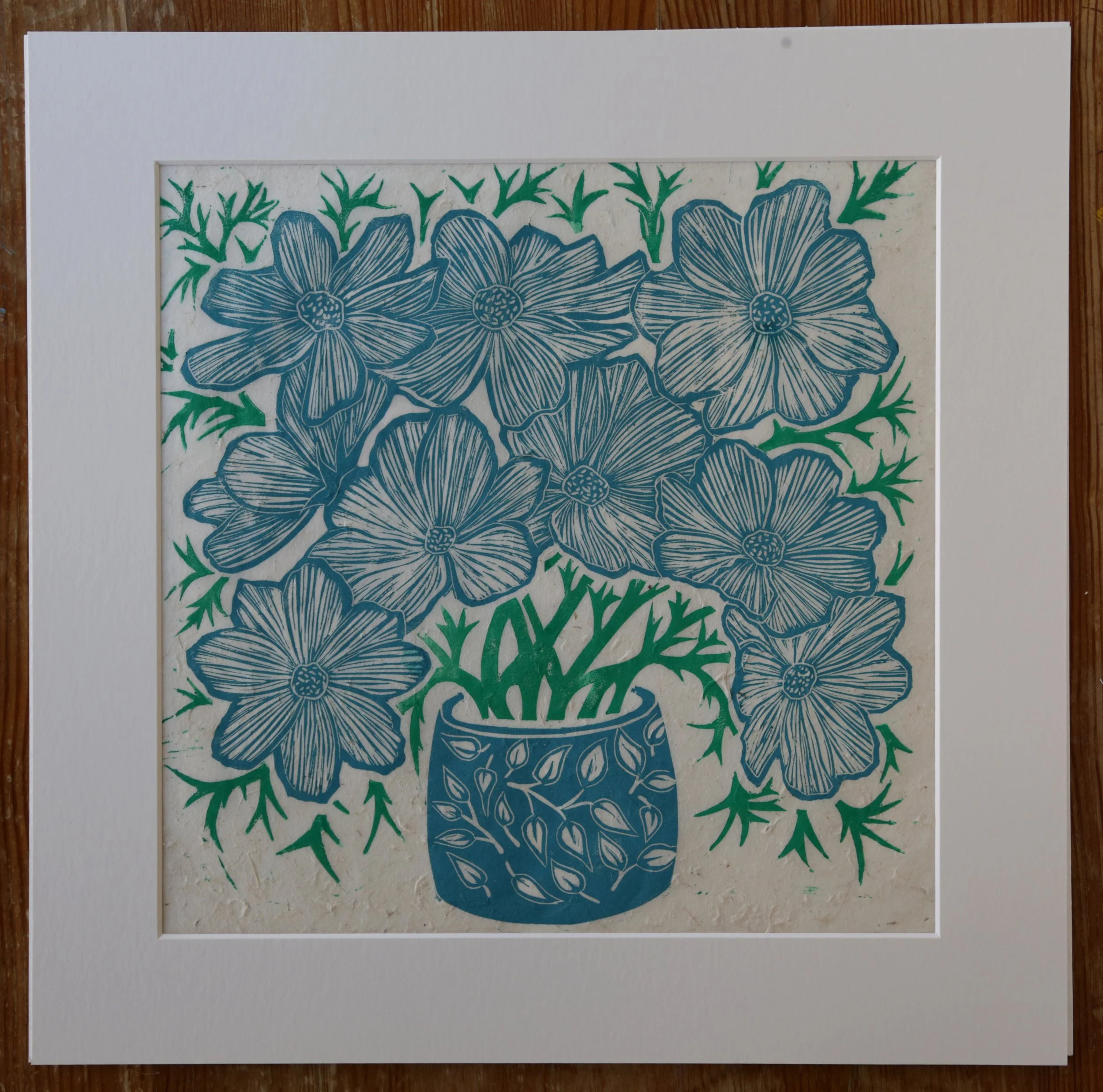 Hand carved fine art lino print cosmos plant pot