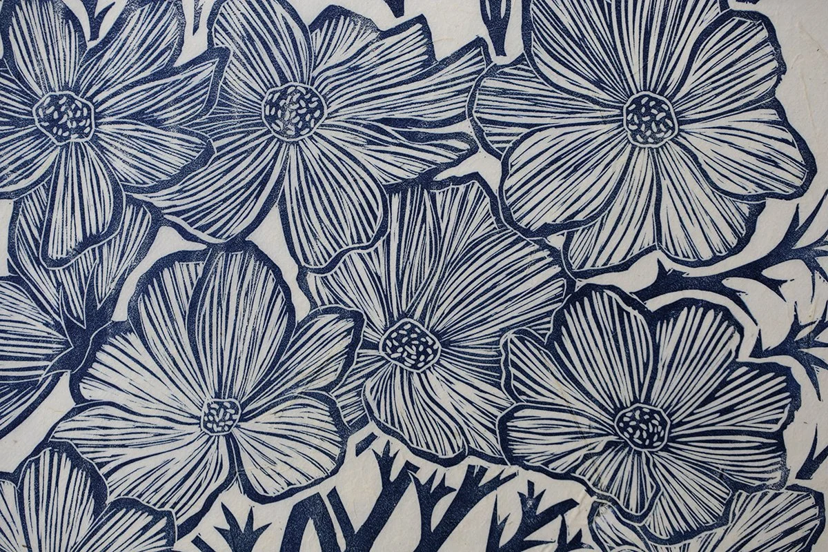 Hand carved fine art lino print cosmos plant pot