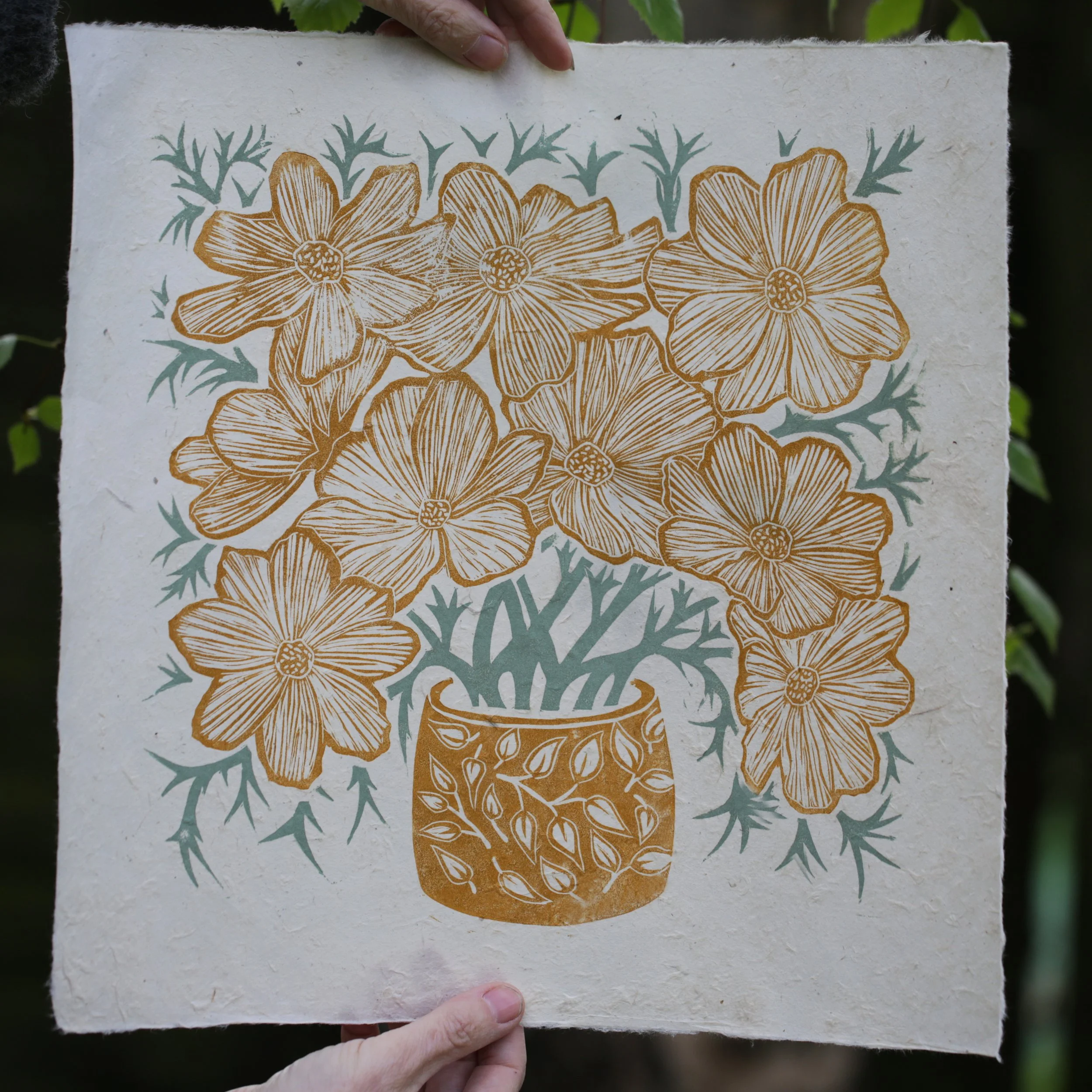 Hand carved fine art lino print cosmos plant pot