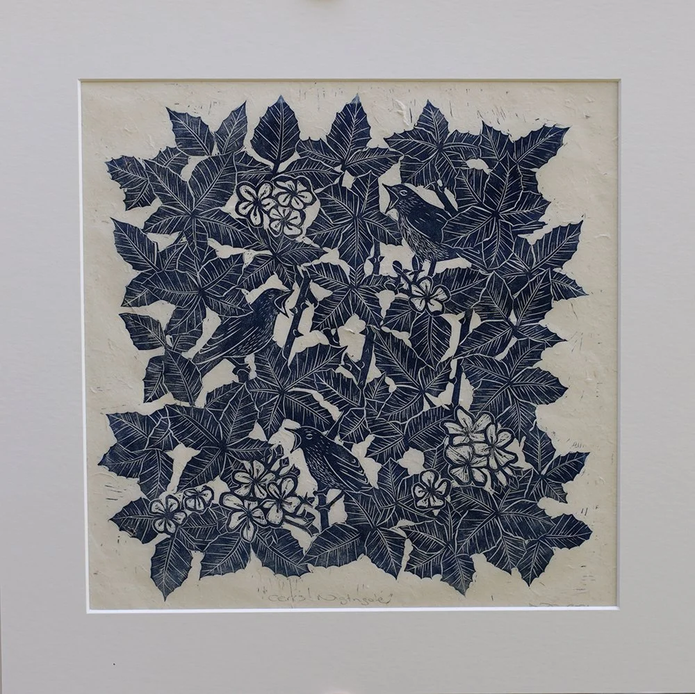 Hand carved fine art lino print nightingale birds