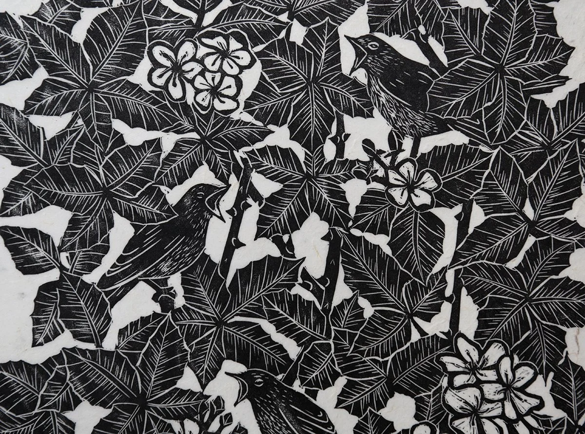 Hand carved fine art lino print nightingale birds