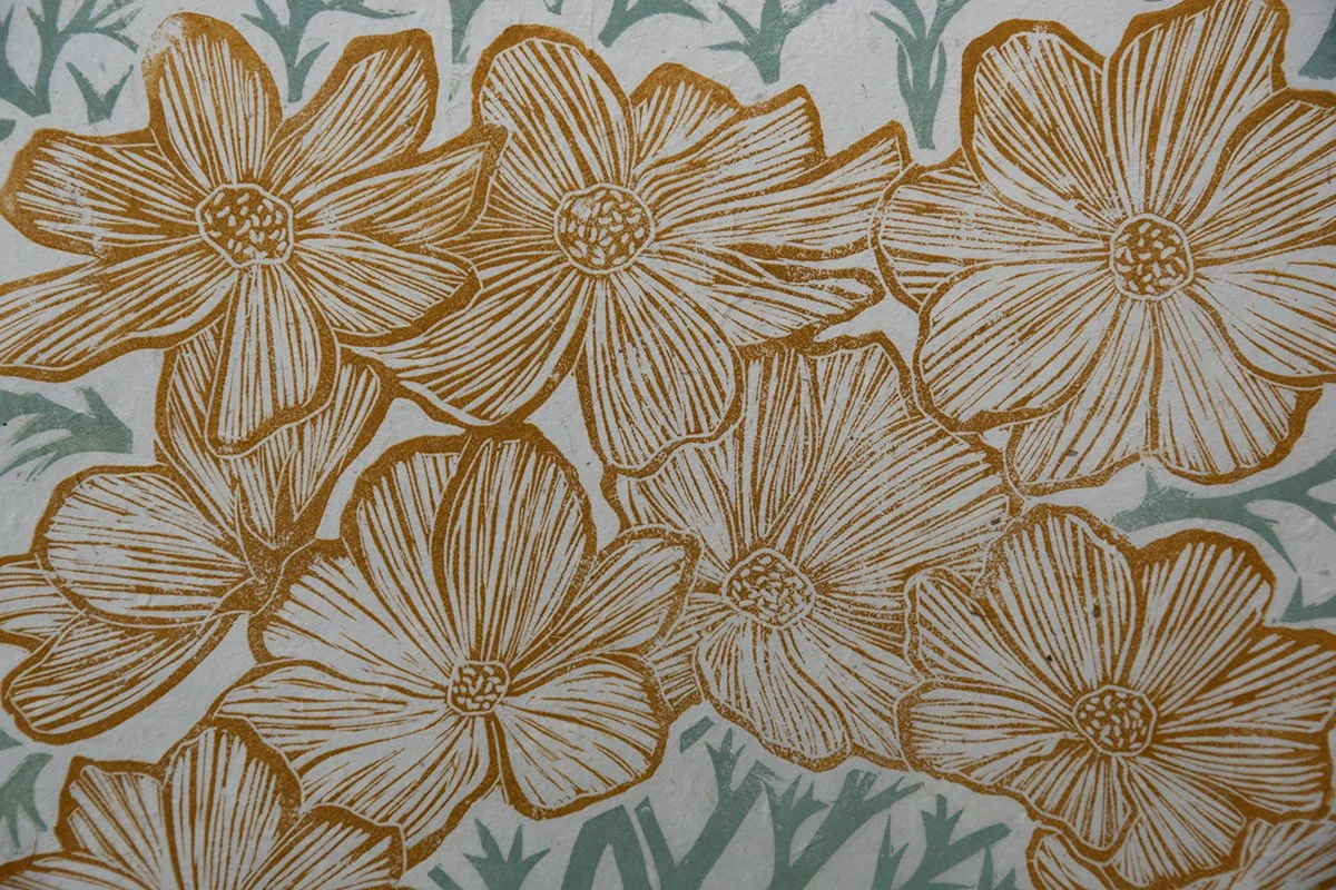 Hand carved fine art lino print cosmos plant pot