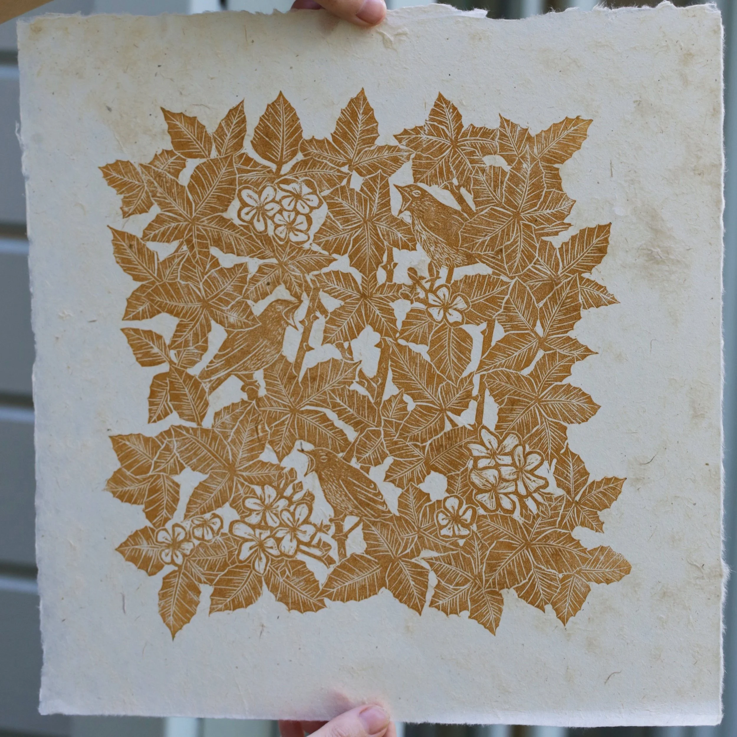 Hand carved fine art lino print nightingale birds