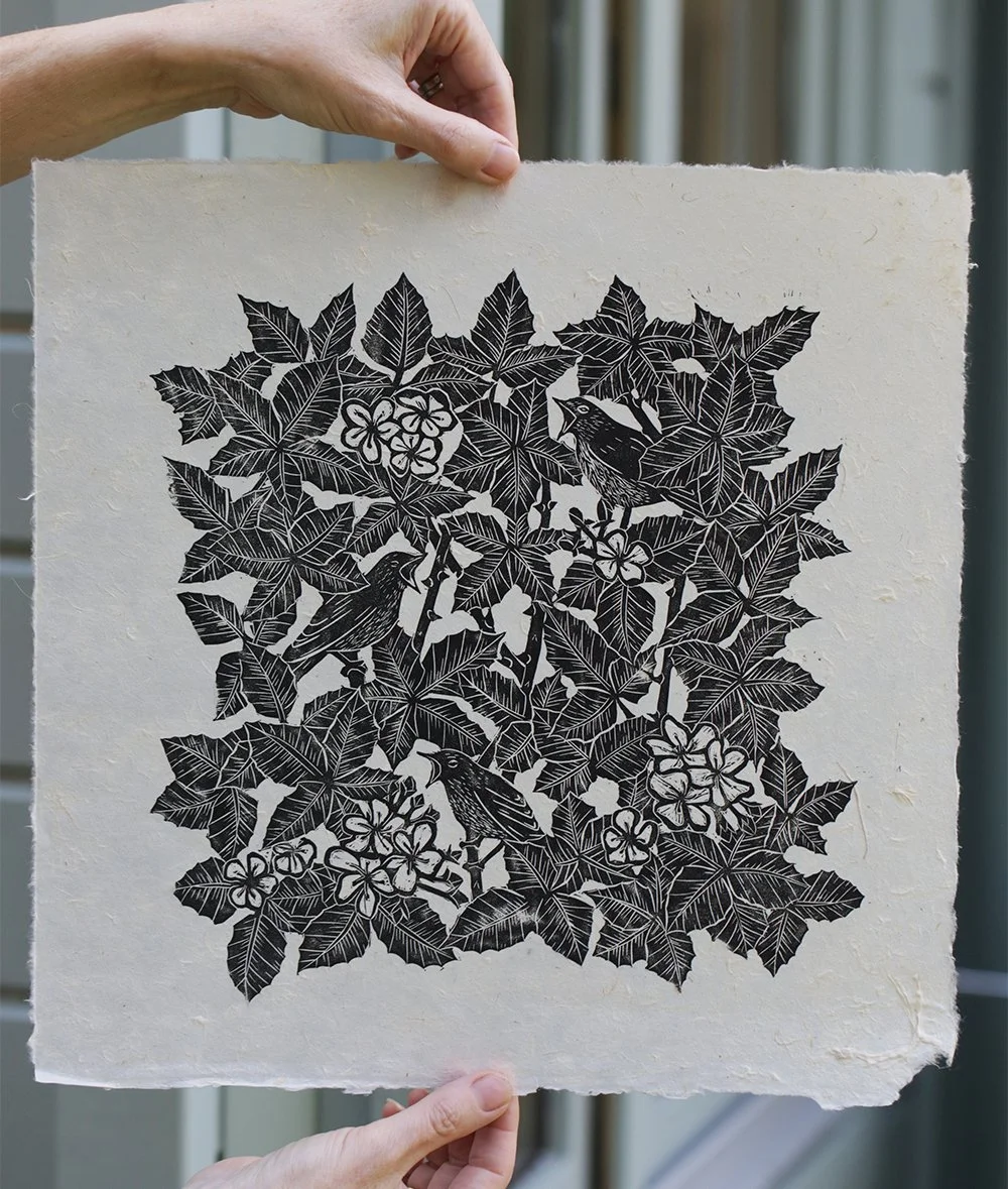 Hand carved fine art lino print nightingale birds