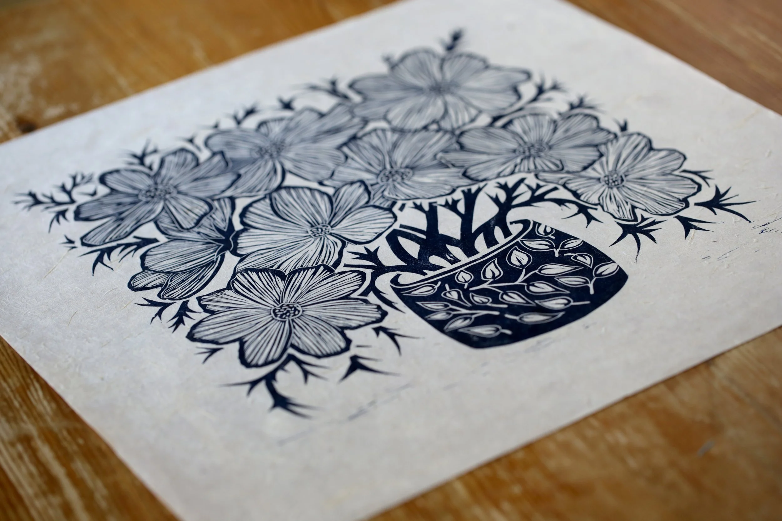 Hand carved fine art lino print cosmos plant pot
