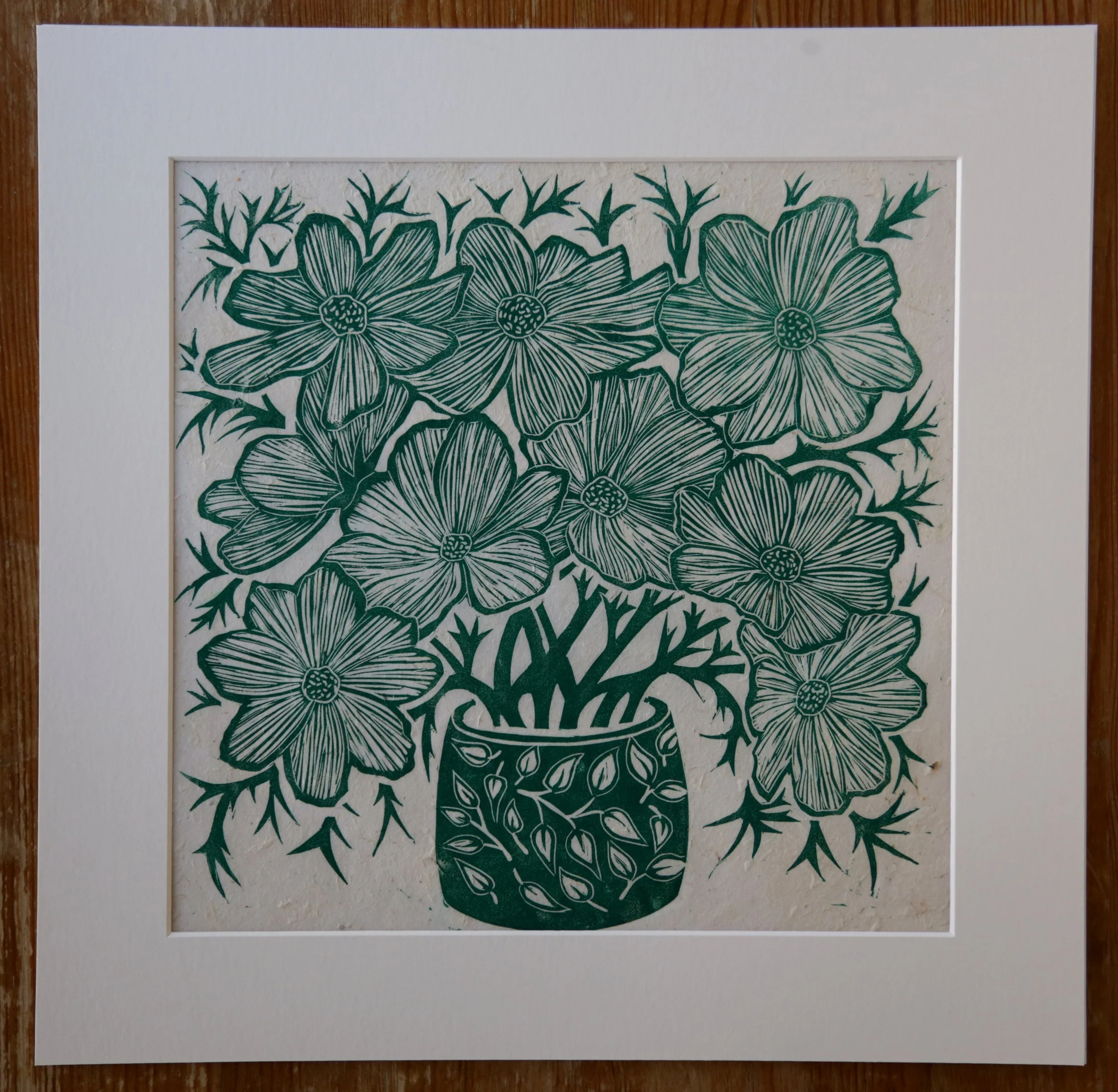 Hand carved fine art lino print cosmos plant pot