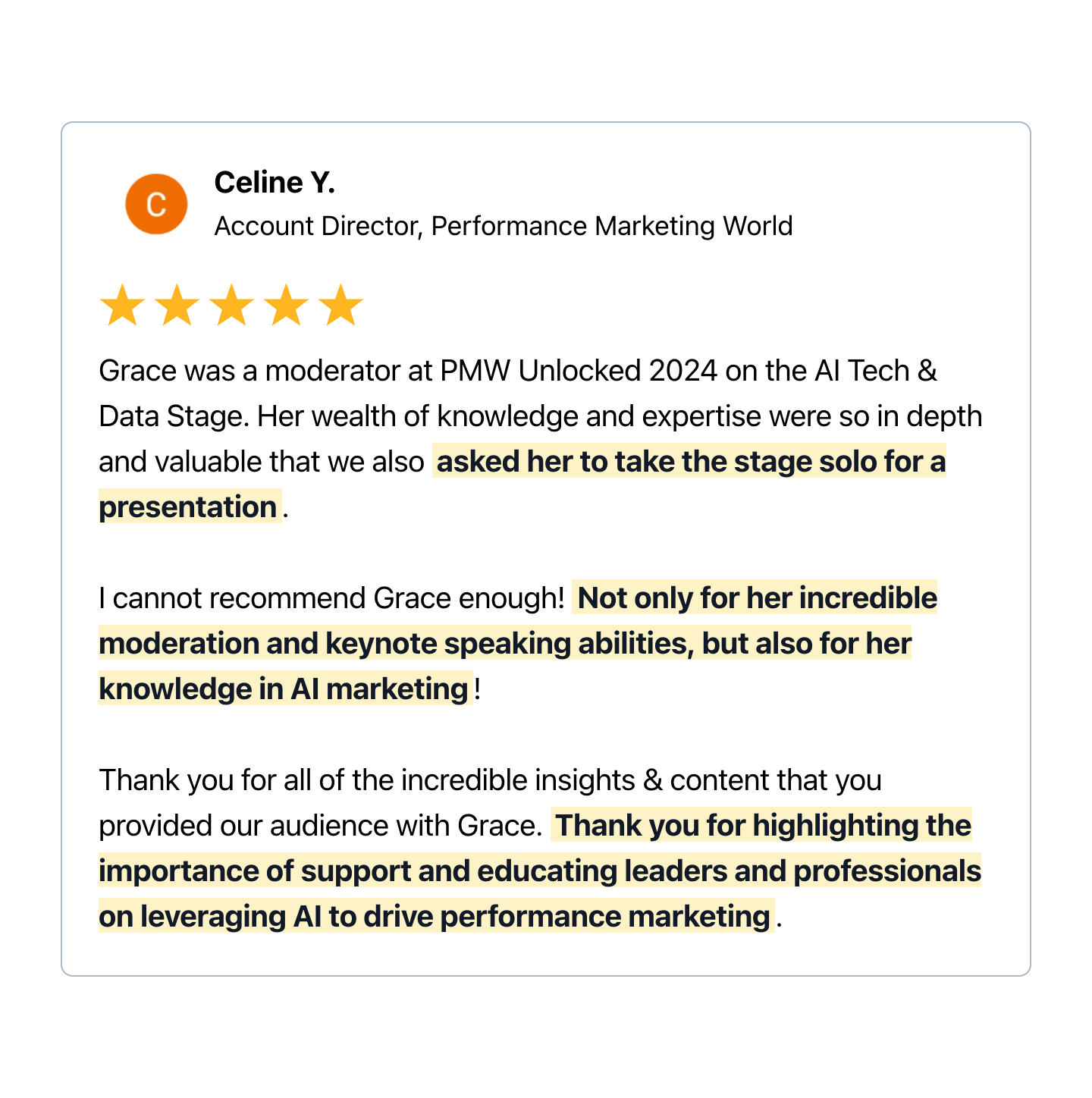 testimonial of Grace Cheng's public speaking at Performance Marketing World Unlocked 2024 London on AI Marketing and thought leadership, grace cheng & co, founder of ai strategy league