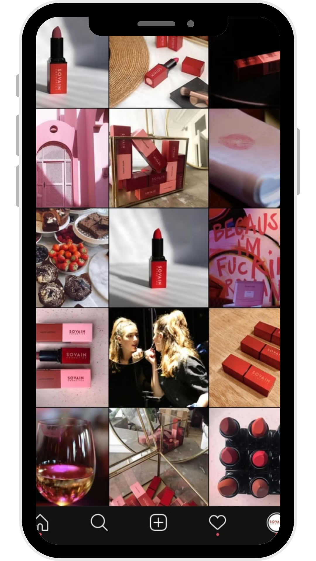  collage of images featuring red lipsticks, makeup boxes, a pink architectural structure, a patio with food, people applying makeup, and lipstick products displayed on surfaces.