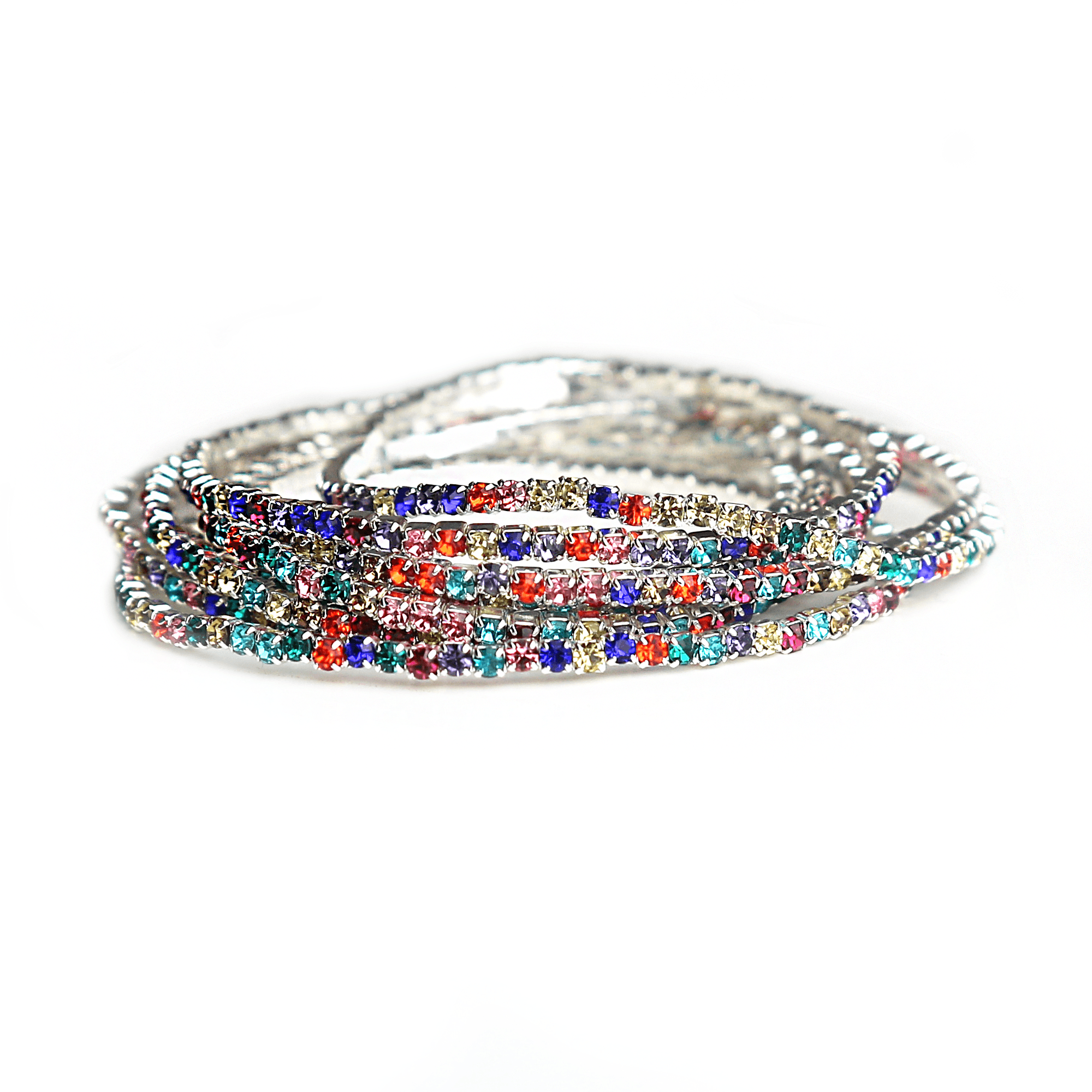 Multiple colorful, rhinestone-encrusted thin bangles stacked together.