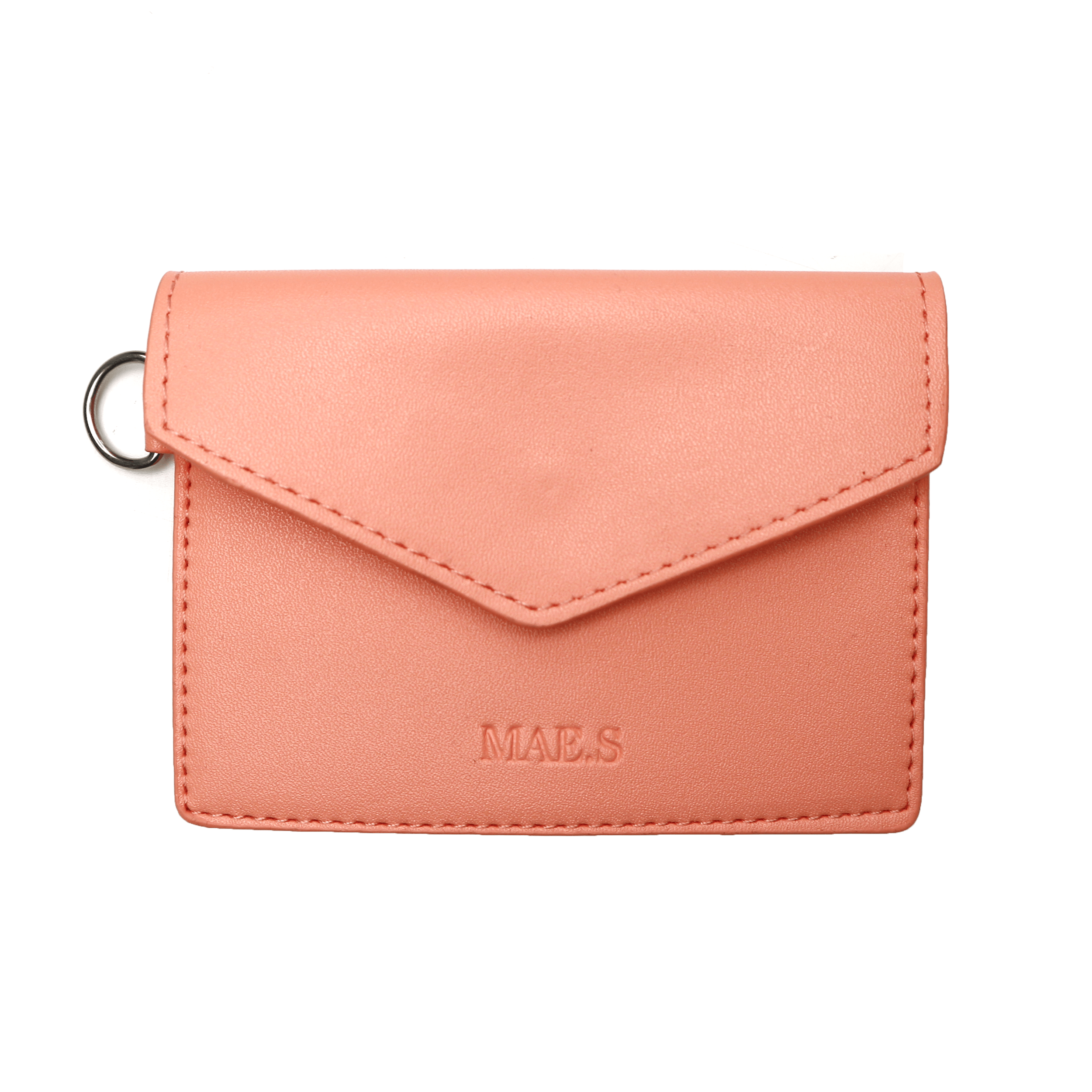 Pink leather cardholder with a flap, embossed with the text 'MAB S' and a small metal ring on the side.