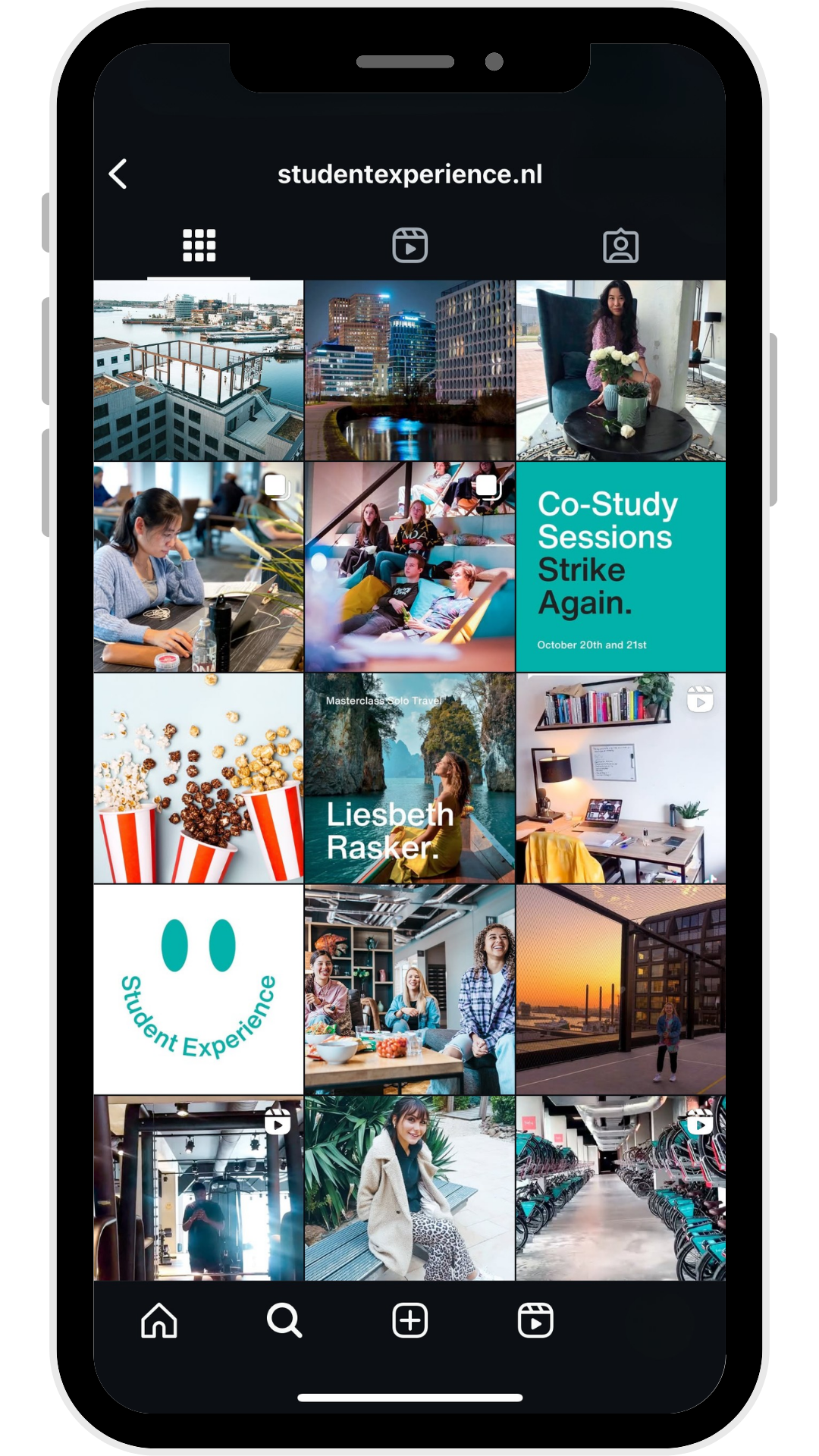 Collage of images showcasing cityscapes, an indoor coffee shop, students studying, an event with people, a woman on a boat, a cozy workspace, students socializing, a rooftop sunset view, a gym, a woman sitting outdoors, and a bicycle parking area.