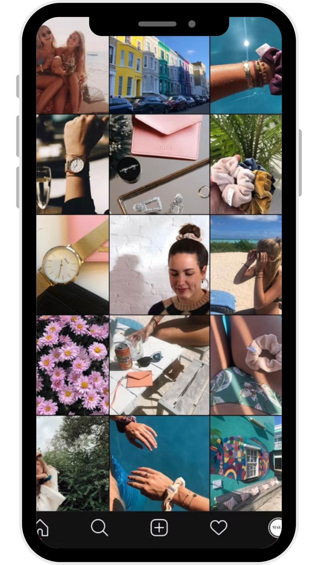 A collage of images featuring women in various settings, accessories, food, and outdoor scenes.