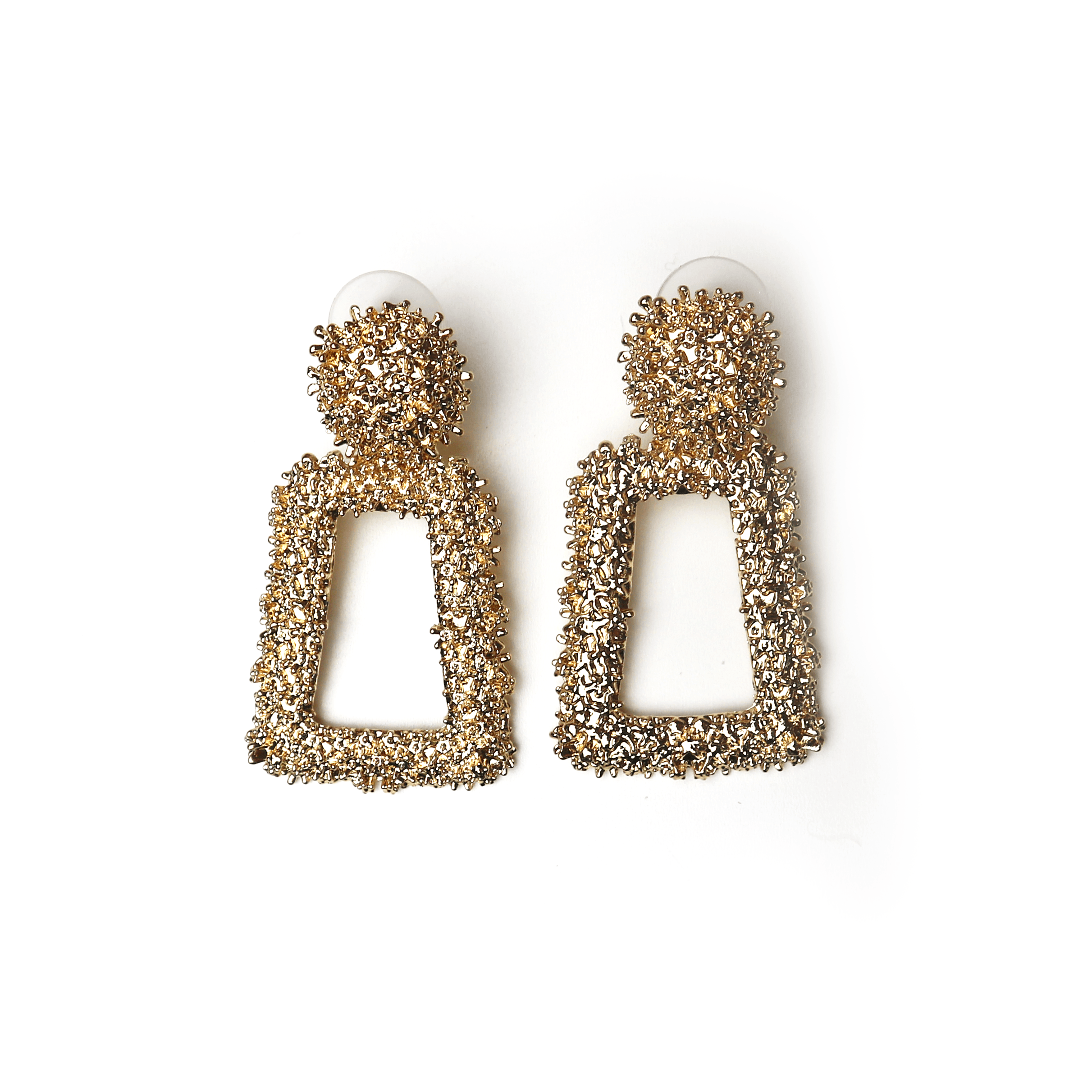 Pair of gold-tone earrings with a textured, beaded design, featuring open rectangular shapes.